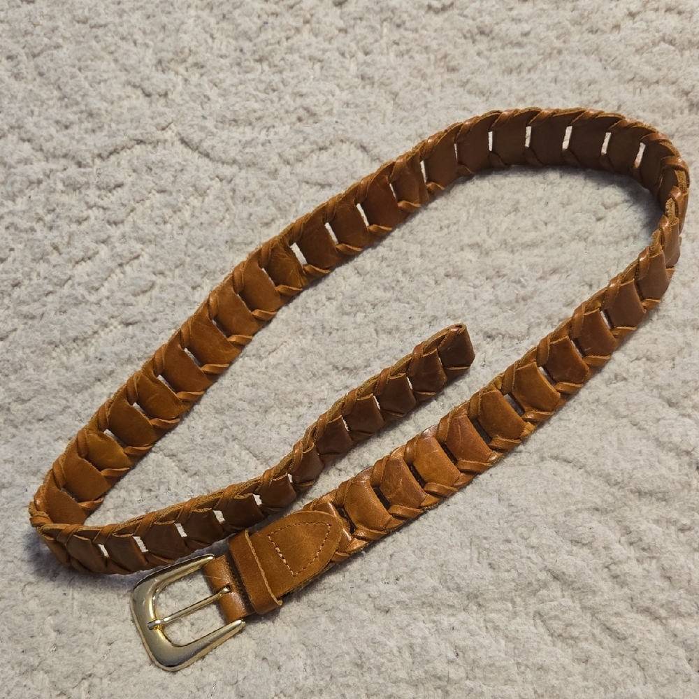 Braided Tan Leather Belt with Gold Buckle